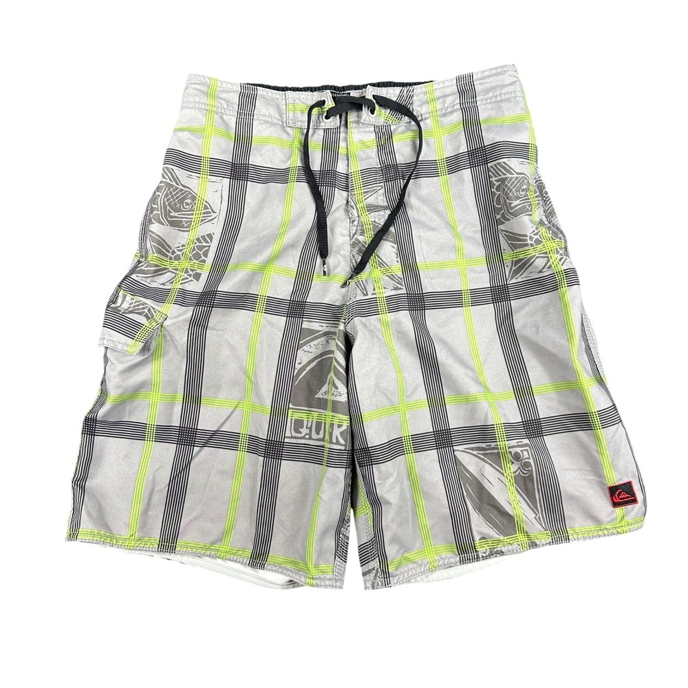 Quiksilver Mens Plaid Boardshorts Gray Lime Green Y2K Surfcore Swim Trunks M
